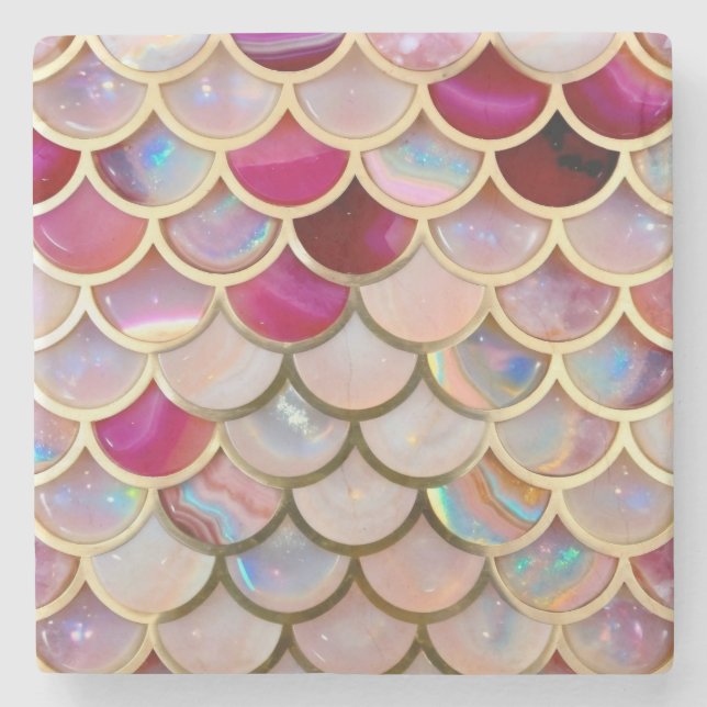 Pink Opal Iridescent Mermaid Scales Stone Coaster (Front)