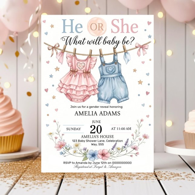 Pink or Blue Baby Clothes Gender Reveal Invitation (Creator Uploaded)