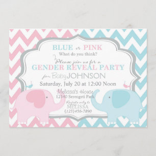 Pink or Blue Elephants & Chevron Gender Reveal Invitation