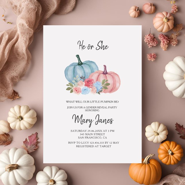 Pink or Blue Floral Pumpkin Gender Reveal Invitation (Creator Uploaded)