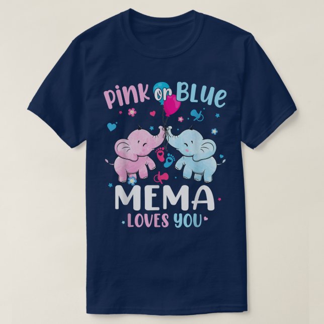 Pink or Blue Mema Loves You Gender Reveal Elephant T-Shirt (Design Front)