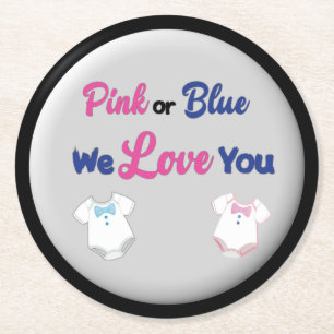 Pink or Blue We Love You with Layette Bodysuits Round Paper Coaster