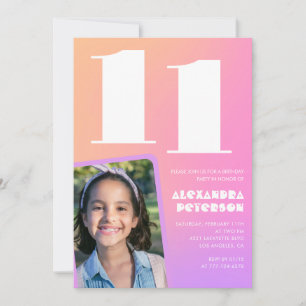 Pink Orange 11th birthday invitations Retro