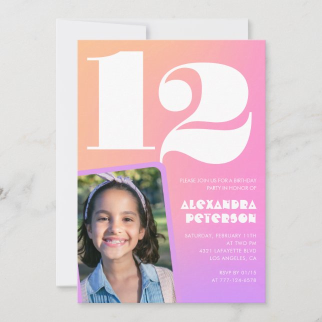 Pink Orange 12th birthday invitations Retro (Front)