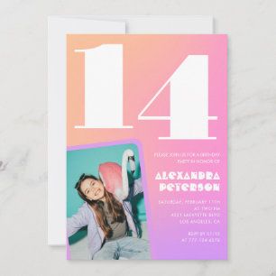 Pink Orange 14th birthday invitations Retro