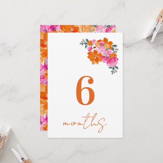 Pink Orange 6 Months Baby Monthly Milestone Card (Front/Back In Situ)