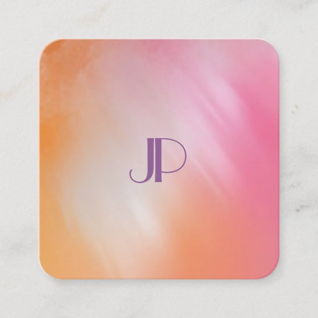 Pink Orange Abstract Art Elegant Monogram Template Square Business Card (Front)
