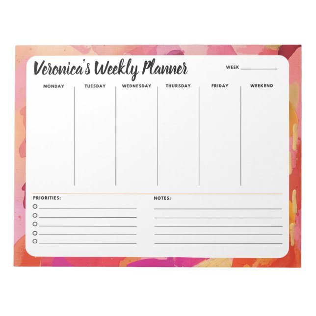 Pink Orange Abstract Weekly To Do List Notepad (Front)