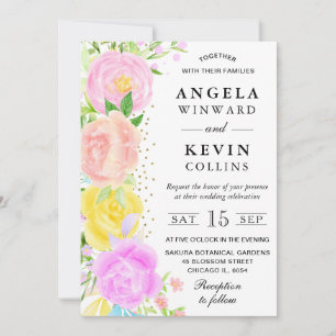 Pink Orange and Yellow Boho Flowers Wedding Invitation