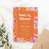 Pink Orange Baby in Bloom Floral Retro Baby Shower