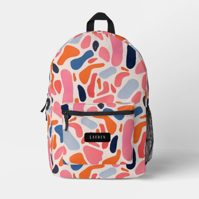 Pink, orange, blue abstract coral spots pattern printed backpack (Front)