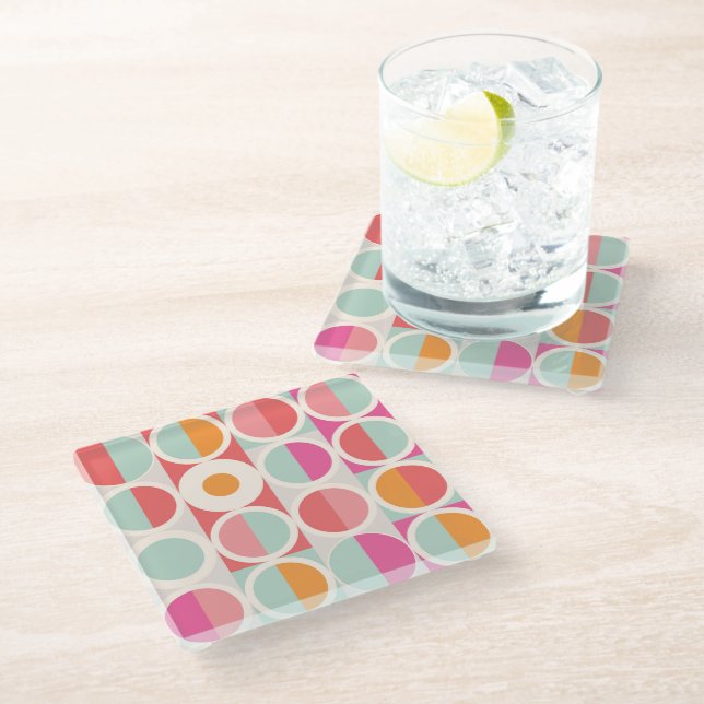 Pink Orange Blue Geometric Pattern Glass Coaster (Angled)