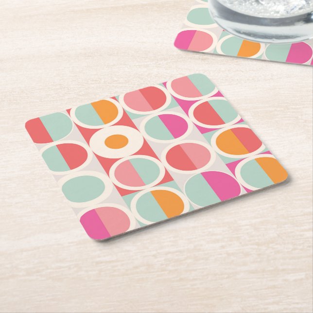Pink Orange Blue Geometric Pattern Square Paper Coaster (Angled)