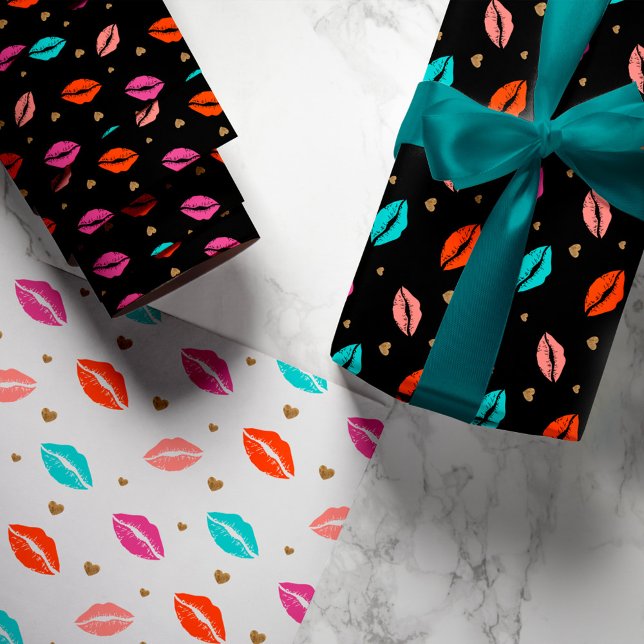 Pink, Orange & Blue Lips & Gold Hearts Valentine Wrapping Paper Sheet (Creator Uploaded)