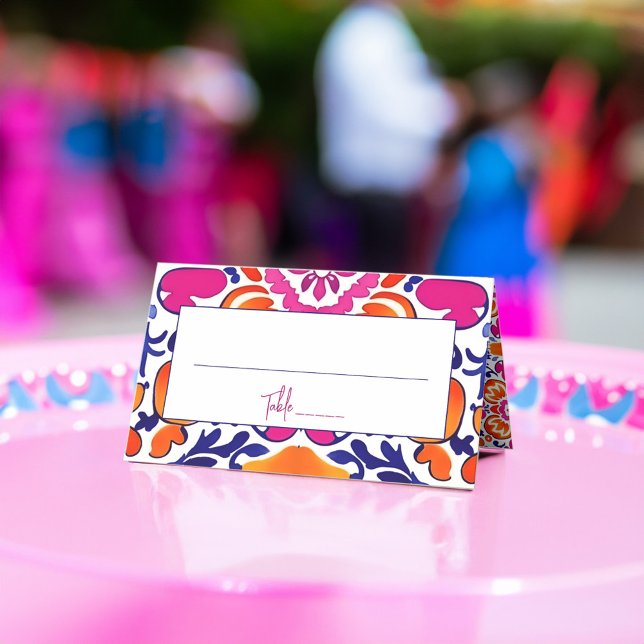 Pink orange blue Mexican talavera tiles wedding Place Card (Pink orange blue Mexican Talavera tiles printed wedding Place Card personalized table decor)