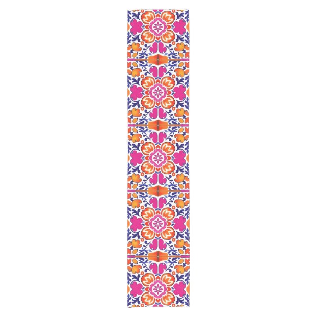 Pink orange blue Mexican tiles decor Short Table Runner (Front)