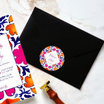 Pink orange blue Mexican tiles wedding Classic Round Sticker<br><div class="desc">Pink orange magenta blue Majolica Mexican Talavera Spanish tiles wedding template stickers. Modern watercolor tiles pink and blue colours bride and groom names stickers.</div>