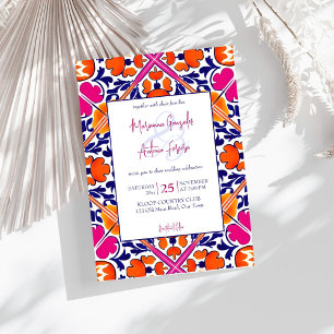 Pink orange blue Mexican tiles wedding Invitation