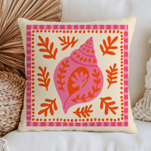 Pink& Orange Botanical Seashell Beach Nautical Cushion