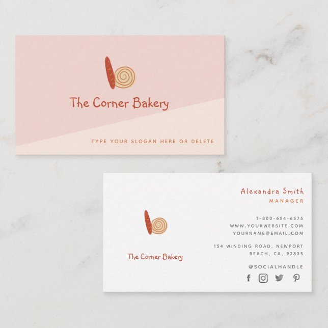 Pink Orange Bread Scone Logo Simple Modern Bakery Business Card (Front/Back)