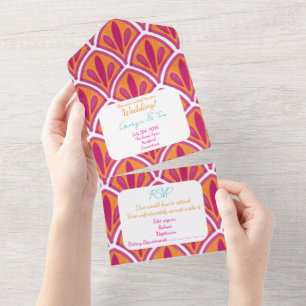 Pink & Orange Bright Colourful Fan Wedding All In One Invitation