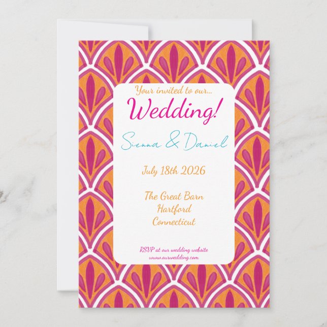 Pink & Orange Bright Colourful Fan Wedding Invitation (Front)