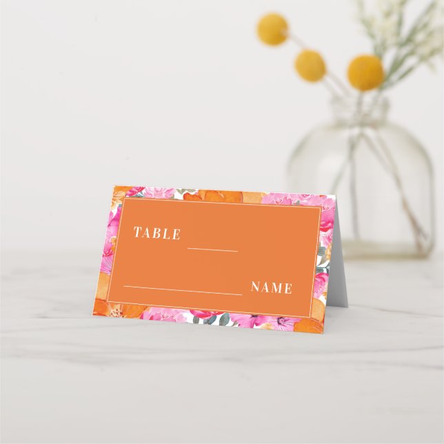 Pink & Orange Bright Summer Garden Wedding Table Place Card (Front)
