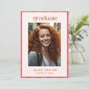 Pink Orange Checkerboard Photo Graduation Party Invitation