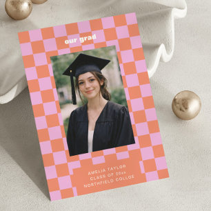 Pink Orange Checkerboard Retro Photo Our Grad 2026 Announcement