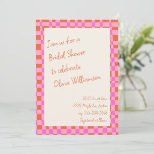 Pink Orange Chequerboard Bridal Shower Whimsical Invitation