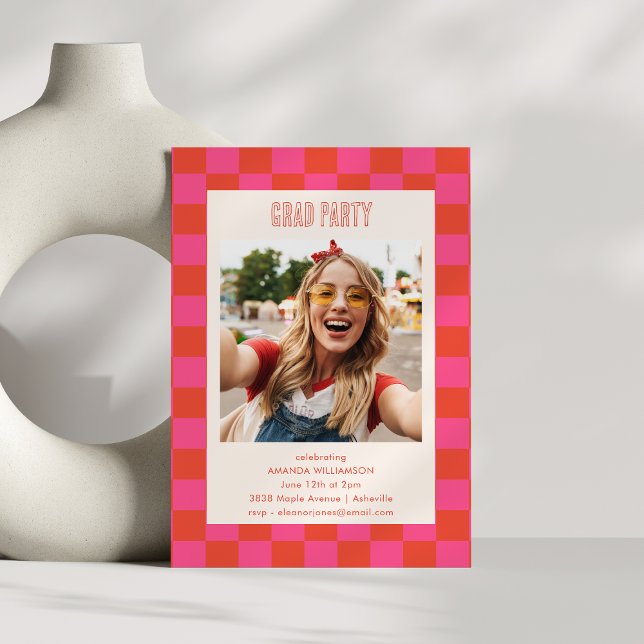 Pink Orange Chequerboard Graduation Party Photo Invitation (Creator Uploaded)