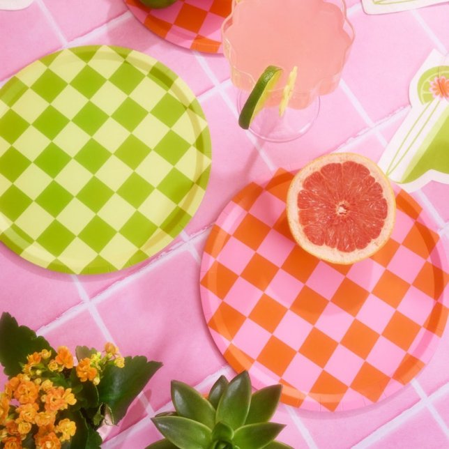 Pink + Orange Chequered Party Paper Plates (Creator Uploaded)