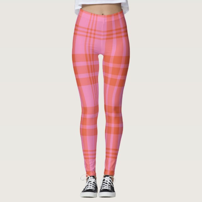 Pink Orange Chequered Plaid Gingham  Leggings (Front)