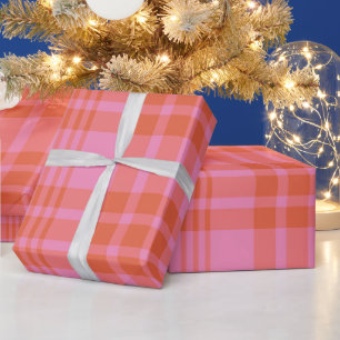 Pink Orange Chequered Plaid Gingham Wrapping Paper