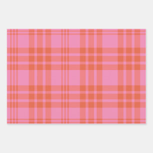 Pink Orange Chequered Plaid Gingham  Wrapping Paper Sheet