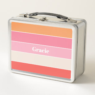 Pink Orange Custom Summer Colour Block Stripes Metal Lunch Box