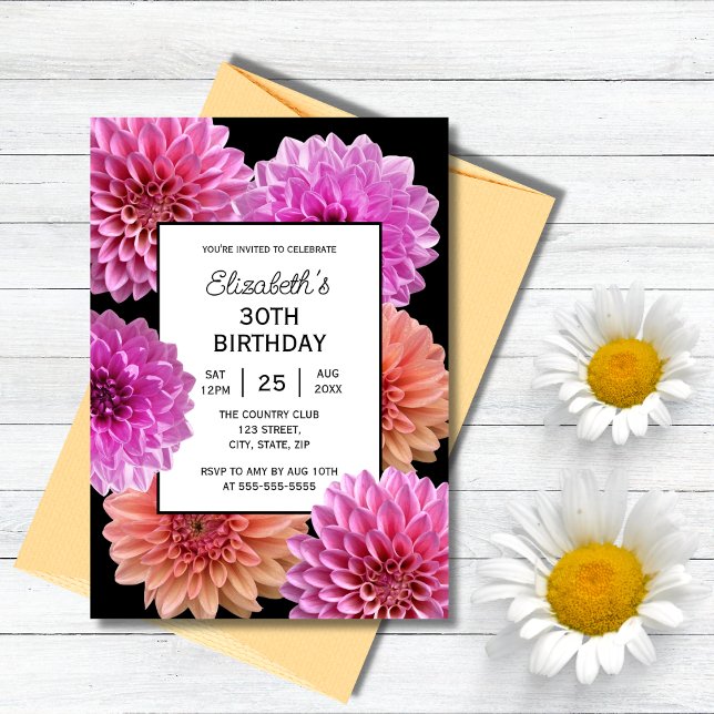 Pink Orange Dahlia Floral Black 30th Birthday  Invitation (Creator Uploaded)