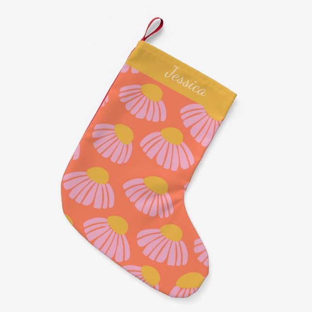 Pink Orange Daisy Flower Pattern Personalised  Small Christmas Stocking (Front (Hanging))
