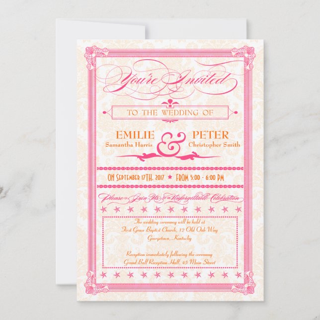 Pink & Orange Damask Poster Wedding & RSVP Invite (Front)