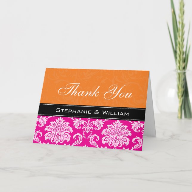 Pink Orange Damask Wedding Thank You Cards (Front)