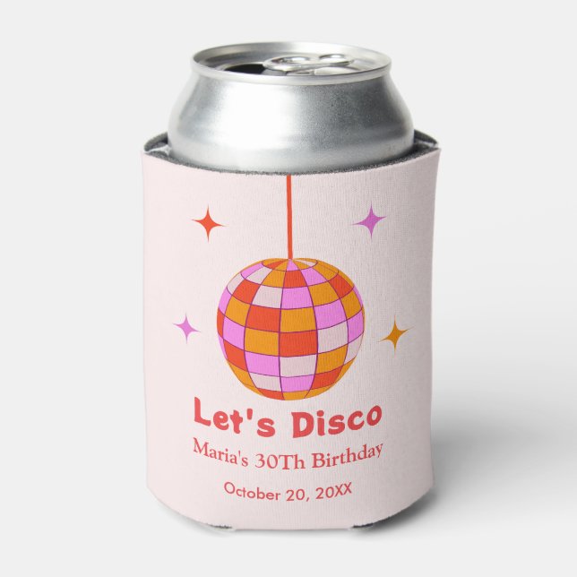 Pink Orange  Disco Ball Let's Disco Birthday Party Can Cooler (Can Front)