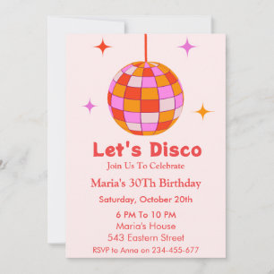 Pink Orange  Disco Ball Let's Disco Birthday Party Invitation