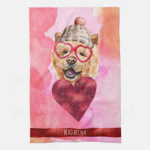Pink Orange Dog Lover Valentine Gift Chow Chow Tea Towel