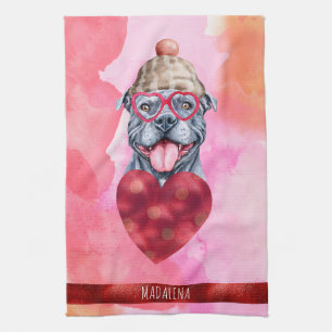 Pink Orange Dog Lover Valentine Gift Grey Pitbull Tea Towel