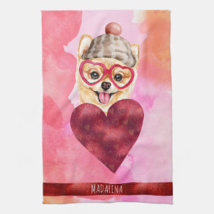 Pink Orange Dog Lover Valentine Gift Pomeranian Tea Towel
