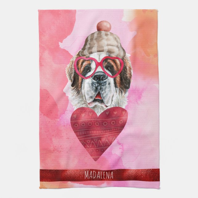 Pink Orange Dog Lover Valentine Gift Saint Bernard Tea Towel (Vertical)