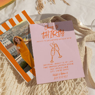 Pink Orange Drawn 30th Whimsical Photo Birthday Invitation
