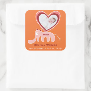 Pink Orange Elephant Baby Girl Birth Announcement Square Sticker