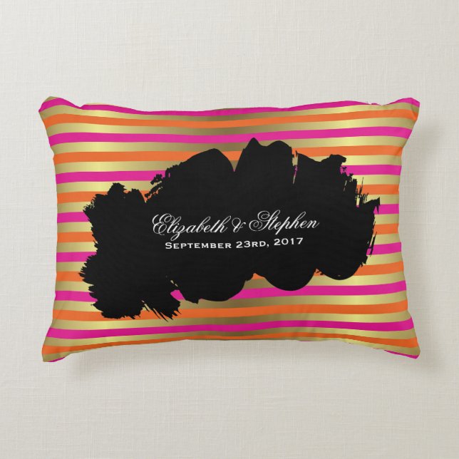 Pink, Orange & Faux Gold Metallic Stripes Wedding Decorative Cushion (Front)
