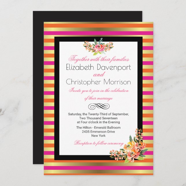 Pink, Orange & Faux Gold Metallic Stripes Wedding Invitation (Front/Back)